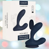 A navy blue Svakom Vick Neo 2 Interactive Heating Prostate Vibrator and its wireless remote are shown in front of white packaging featuring the Svakom brand and product name, along with an image of the device.